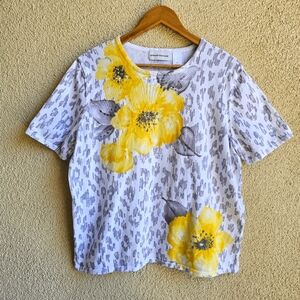 Alfred Dunner XL Embellished Floral Leopard Print Short Sleeve Sweater Top